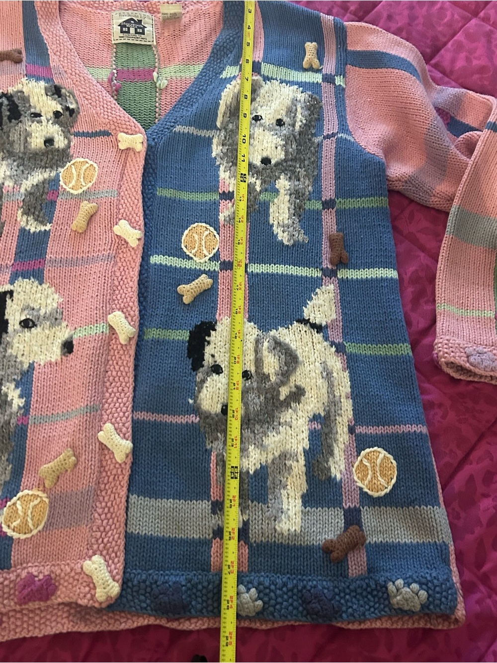 RARE Storybook Knits Vintage Dog Plaid 3D Applique Cardigan Sweater L - Picture 5 of 9